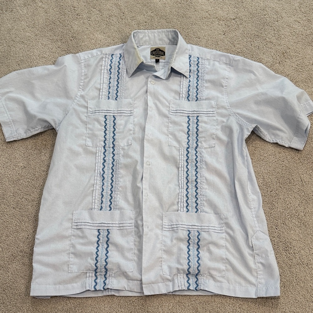 San Cristobal Classic Guayabera Light Blue Embroidered Button Down Shirt